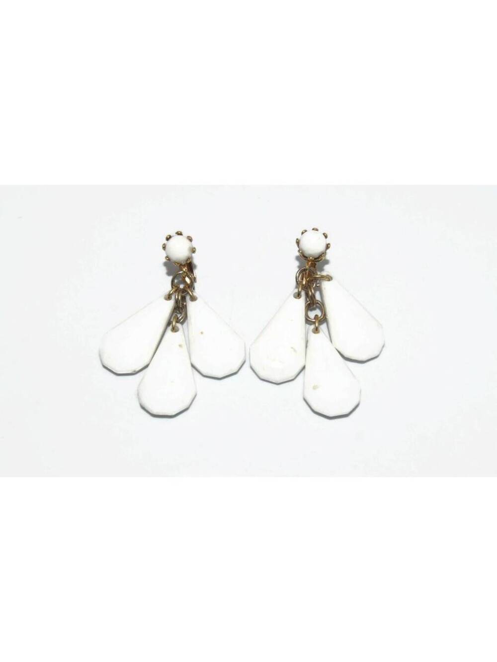 Vintage Gold Tone and White Plastic Clip on Dangle Earrings.